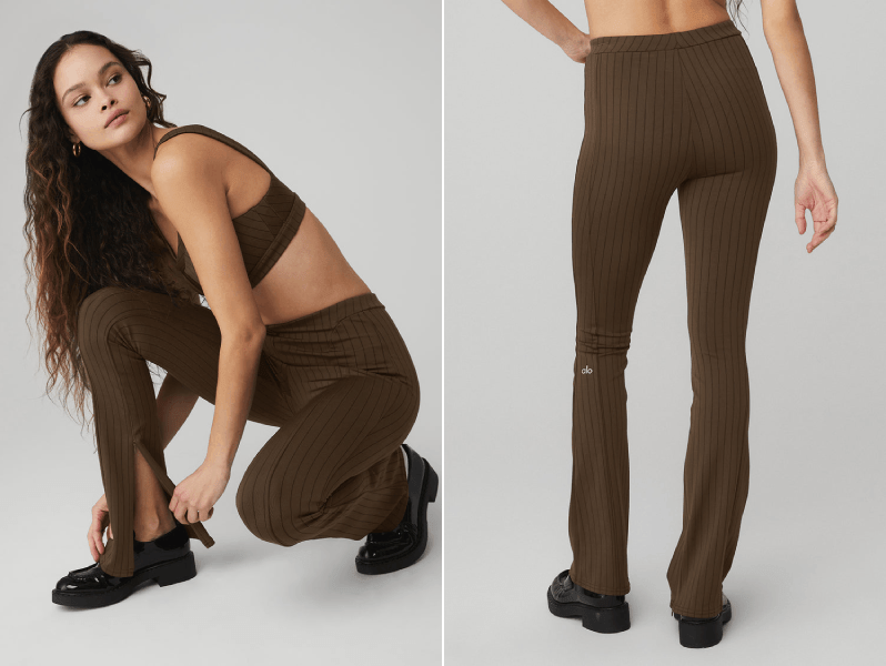 NWT ALO YOGA Womens' Brown High-Waist Pinstripe Zip It Flare